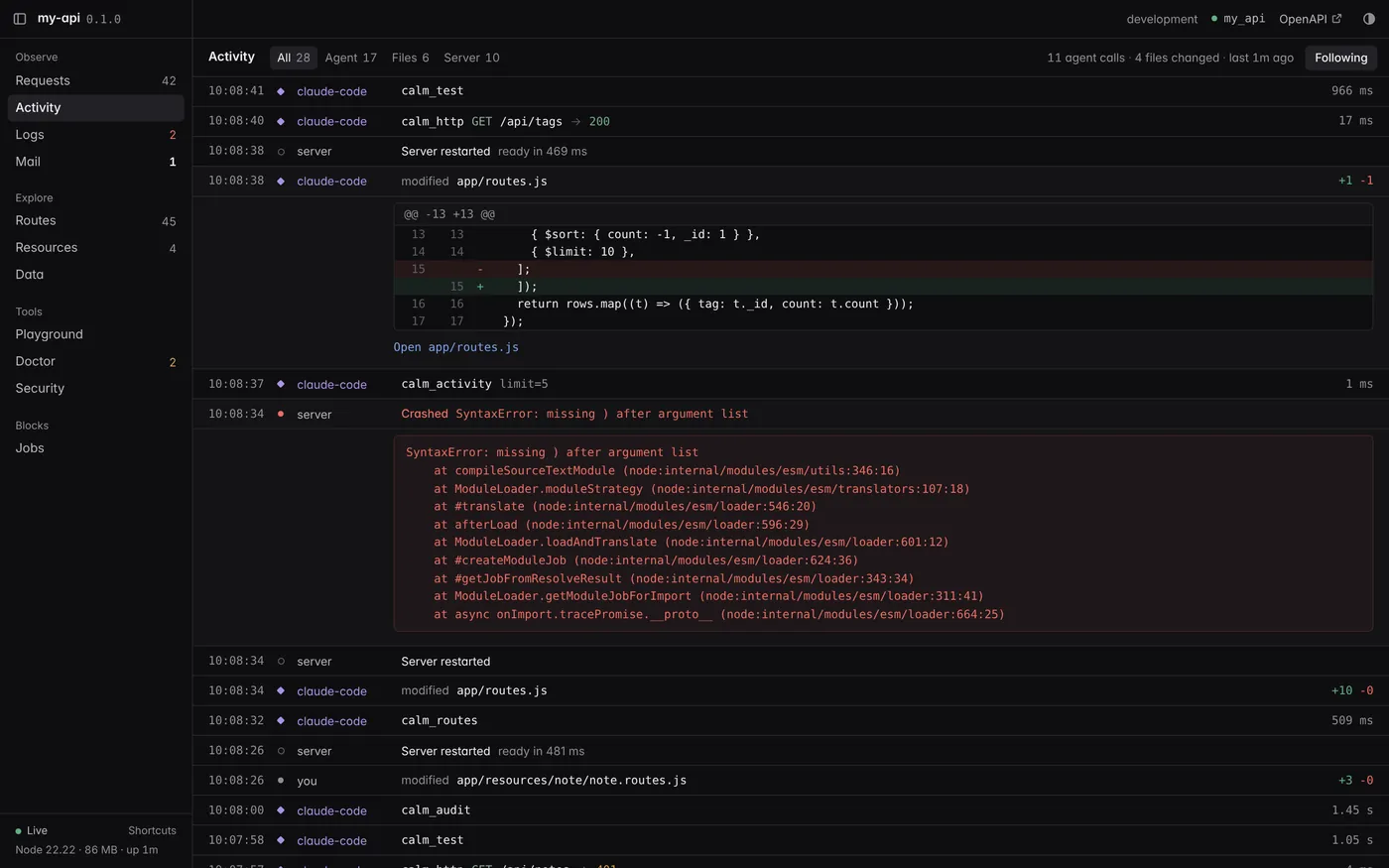 CalmAPI devtools Activity panel: an AI agent's tool calls, a server crash with its error, the agent's one-line fix as a diff, restarts, and a file edited by a person