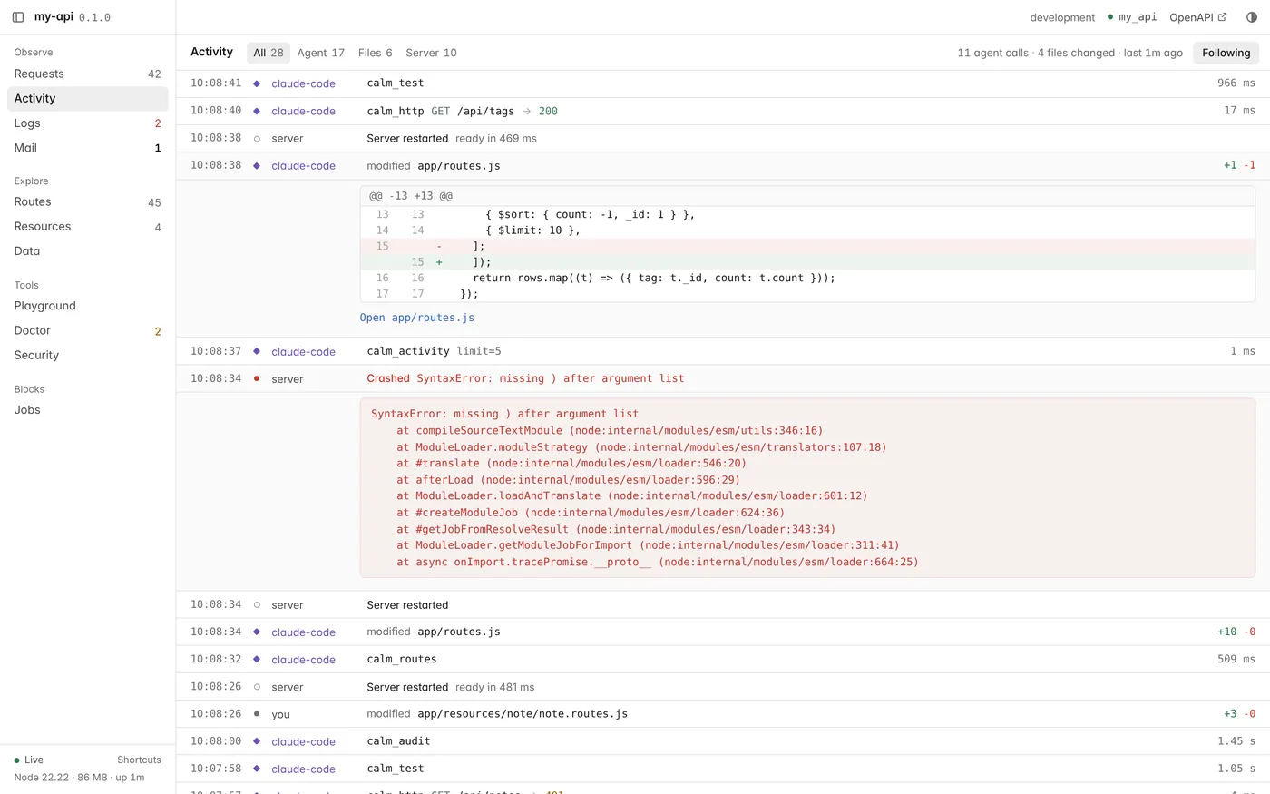 CalmAPI devtools Activity panel: an AI agent's tool calls, a server crash with its error, the agent's one-line fix as a diff, restarts, and a file edited by a person