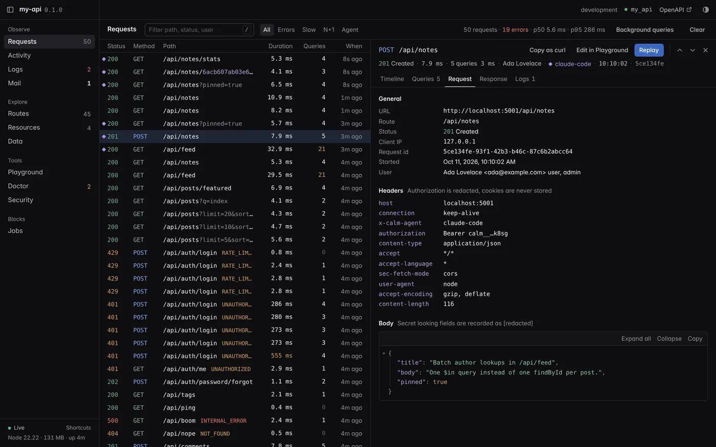 CalmAPI devtools Requests panel with violet markers on requests made by an AI agent, and the timeline of one of them