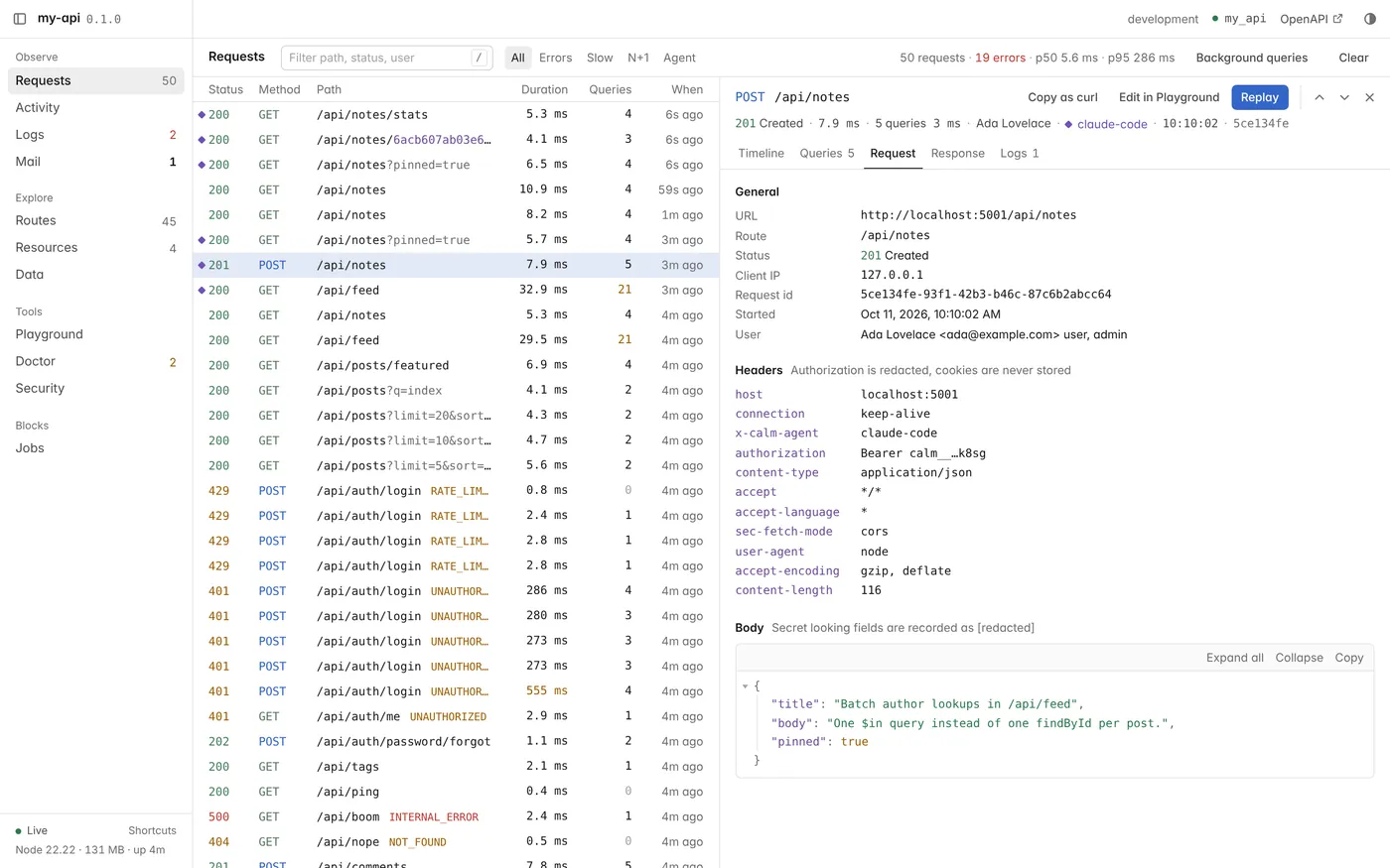 CalmAPI devtools Requests panel with violet markers on requests made by an AI agent, and the timeline of one of them